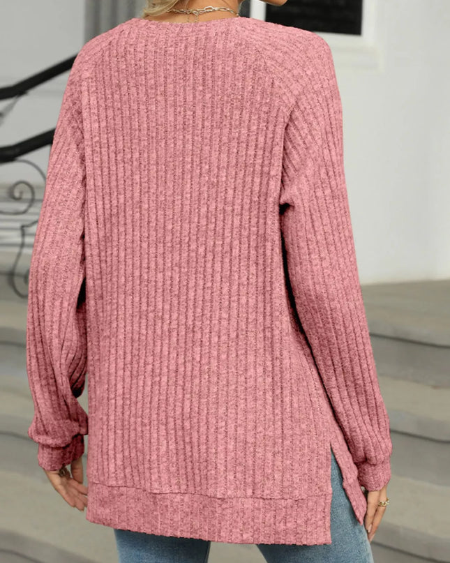 Ribbed Round Neck Long Sleeve T-Shirt