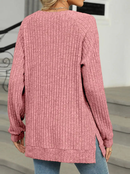 Ribbed Round Neck Long Sleeve T-Shirt