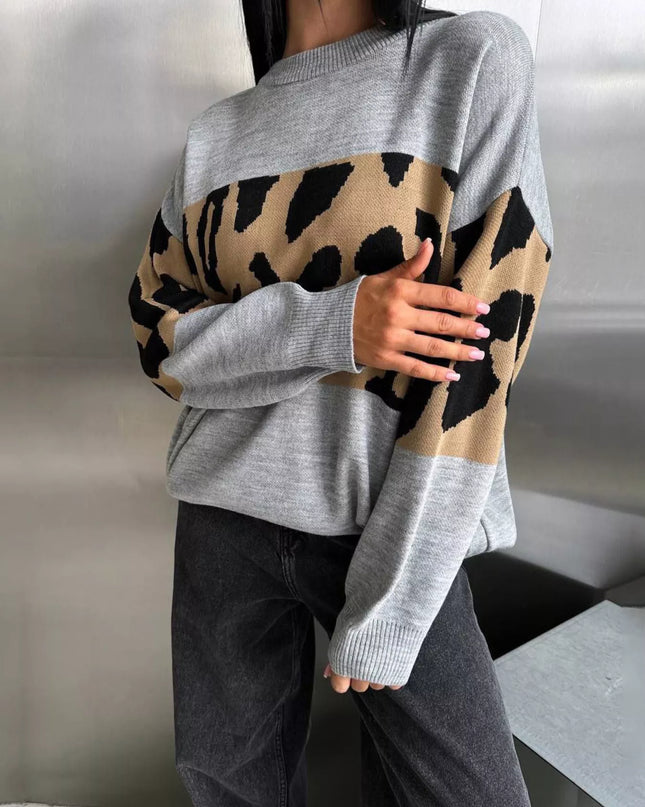 Leopard Color Block Round Neck Sweater