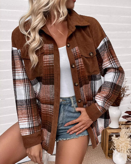 Plaid Button-Up Shacket with Chest Pockets Dark Brown