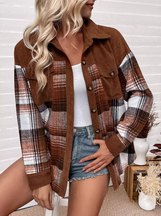 Plaid Button-Up Shacket with Chest Pockets Dark Brown