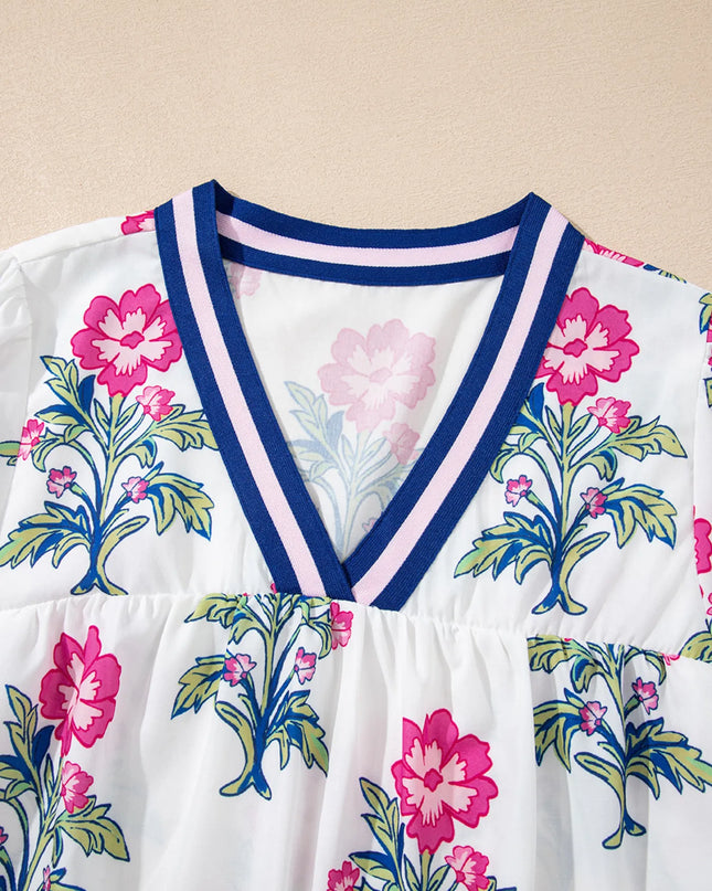 Floral Print Striped V Neck Blouse