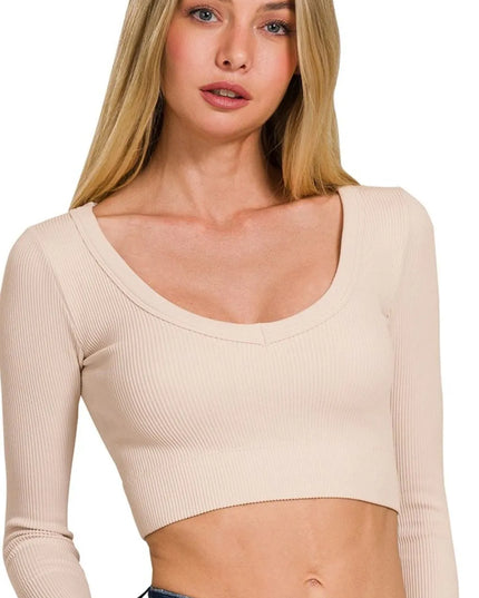 Zenana Seamless Fitted Rib V-neck Long Sleeve Crop Top 