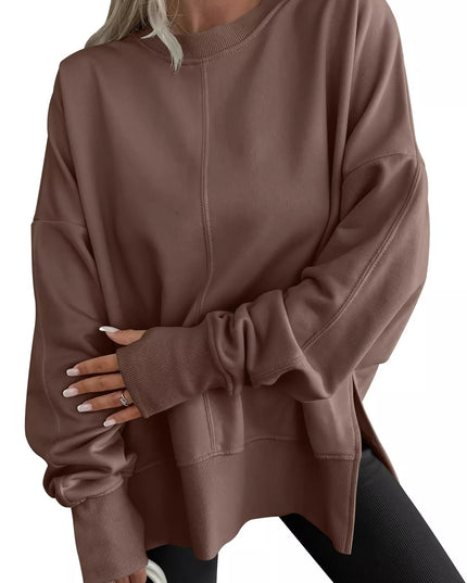 Side Slit Round Neck Long Sleeve Sweatshirt Dark Brown