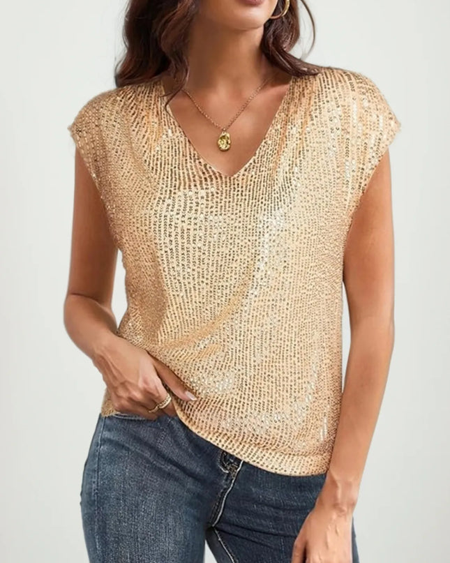 V-Neck Sequin Cap Sleeve Top Gold