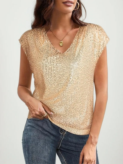 V-Neck Sequin Cap Sleeve Top Gold