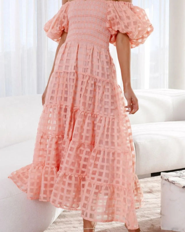 Off Shoulder Short Puff Sleeve Midi Dress Watermelon pink