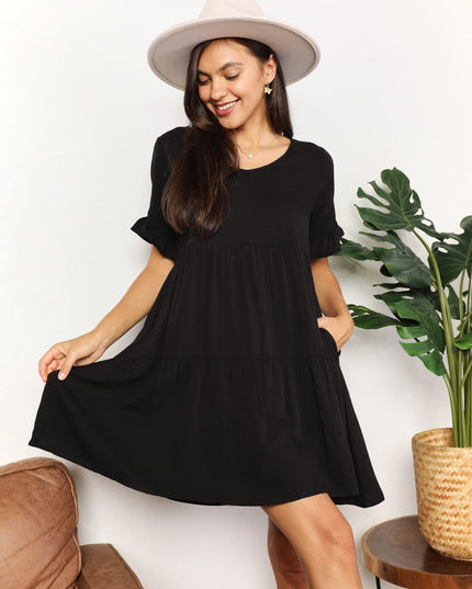 Mandy V-Neck Flounce Sleeve Tiered Dress