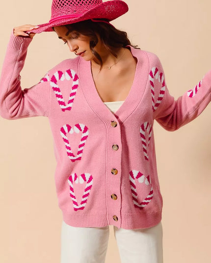 SO ME Christmas Candy Cane Button Front Sweater Cardigan