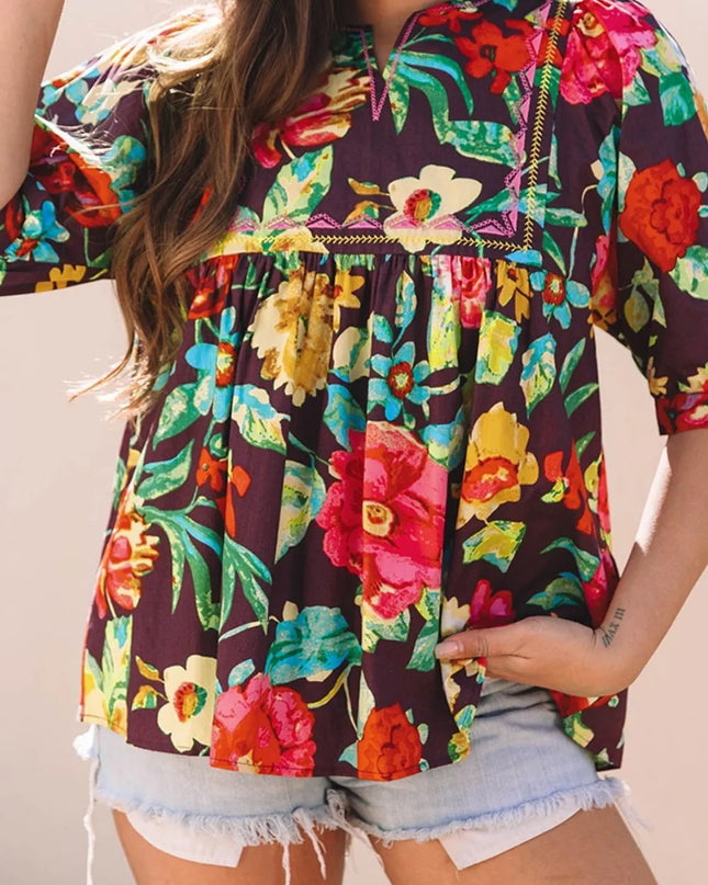 Flower Embroidered Trim Half Sleeve Blouse