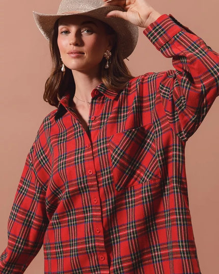 SO ME Christmas Checker Plaid Button Up Shirt Dress