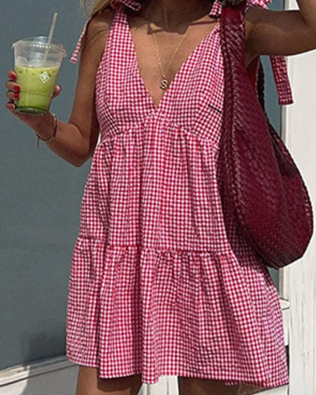 Gingham Tie Shoulder Mini Dress