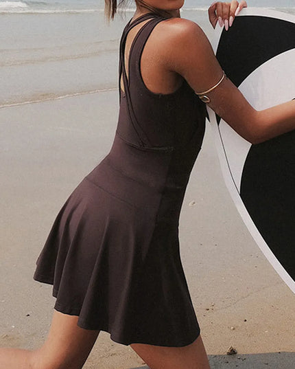 V-Neck Wide Strap Active Dress with Unitard Liner