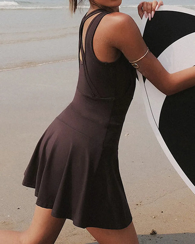 V-Neck Wide Strap Active Dress with Unitard Liner