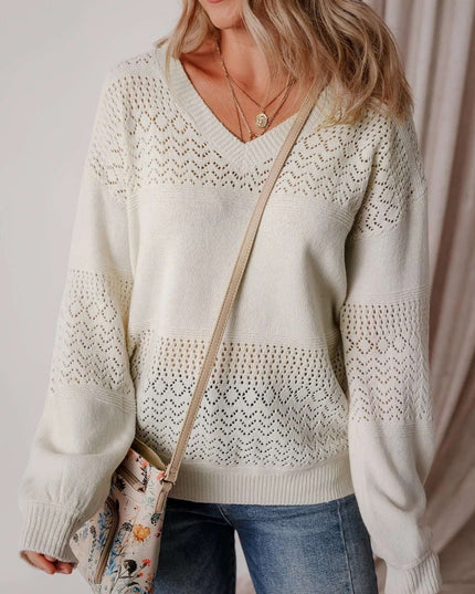 Eyelet Deatil V-Neck Long Sleeve Sweater White