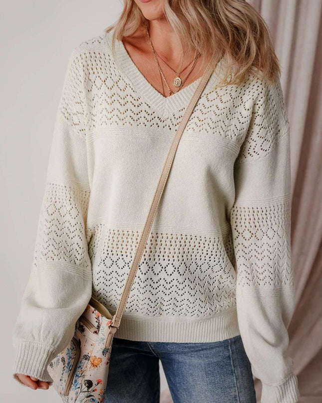 Eyelet Deatil V-Neck Long Sleeve Sweater White