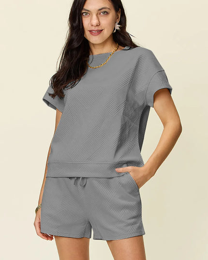 Double Take Full Size Texture Short Sleeve T-Shirt and Drawstring Shorts Set 