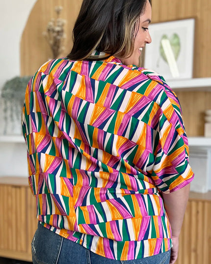 Double Take Full Size Geometric Notched Dolman Sleeve Top