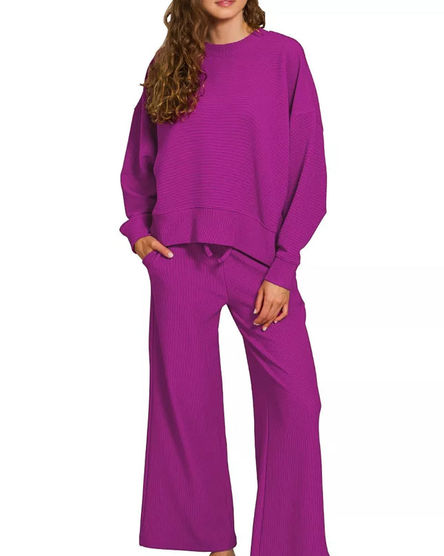 Zenana Ribbed Round Neck Pullover and Drawstring Pants Set LT PLUM