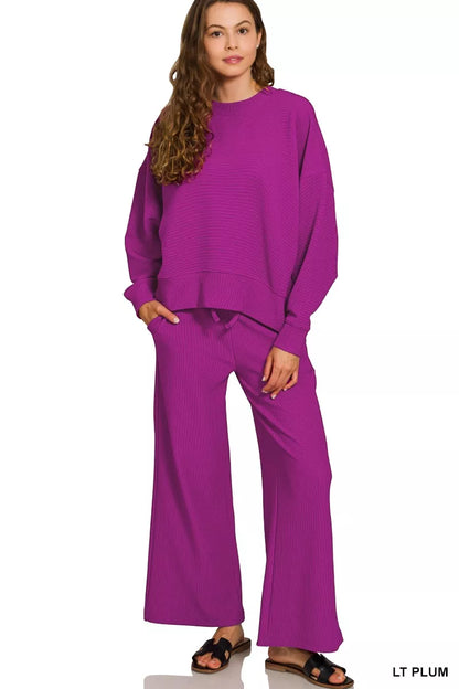 Zenana Ribbed Round Neck Pullover and Drawstring Pants Set LT PLUM
