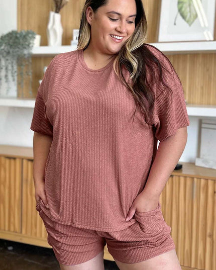 Double Take Full Size Round Neck Short Sleeve T-Shirt and Shorts Set