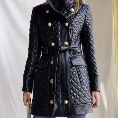 Stand Collar Sheepskin Leather Double-Breasted Coat