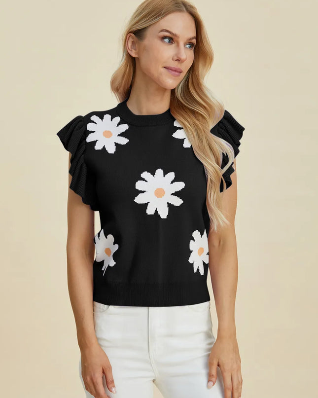 Double Take Full Size Ruffled Flower Round Neck Cap Sleeve Sweater