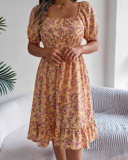 Ruffled Hem Floral Puff Sleeve Dress