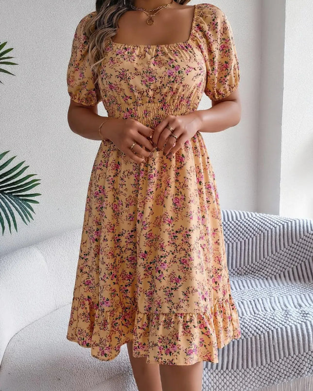 Ruffled Hem Floral Puff Sleeve Dress