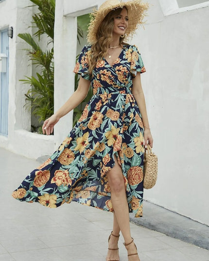 Floral Print Short Sleeve Wrap Midi Dress Green