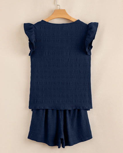 Textured Square Neck Top and Shirred High Waist Shorts Set