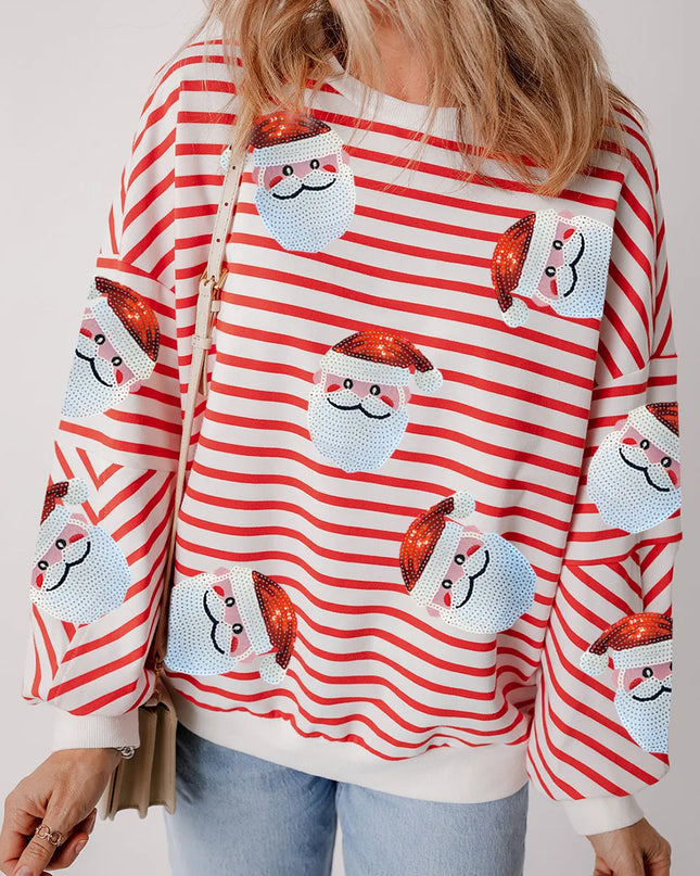 Sequin Santa Striped Round Neck Long Sleeve Sweatshirt Stripe