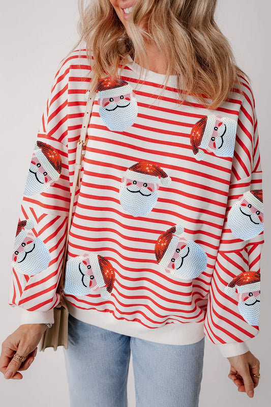 Sequin Santa Striped Round Neck Long Sleeve Sweatshirt Stripe