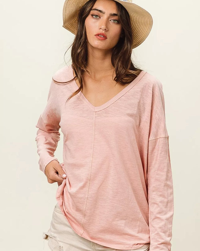 BiBi Exposed Seam V-Neck Long Sleeve T-Shirt