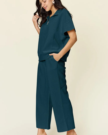 Double Take Full Size Texture Half Zip Short Sleeve Top and Pants Set