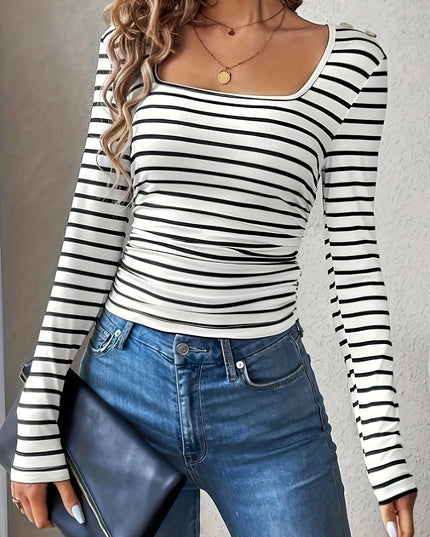 Striped Square Neck Long Sleeve T-Shirt White