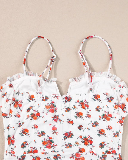 Floral Frilled Trim Spaghetti Straps Bodysuit