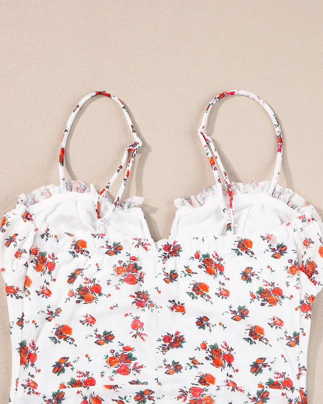 Floral Frilled Trim Spaghetti Straps Bodysuit