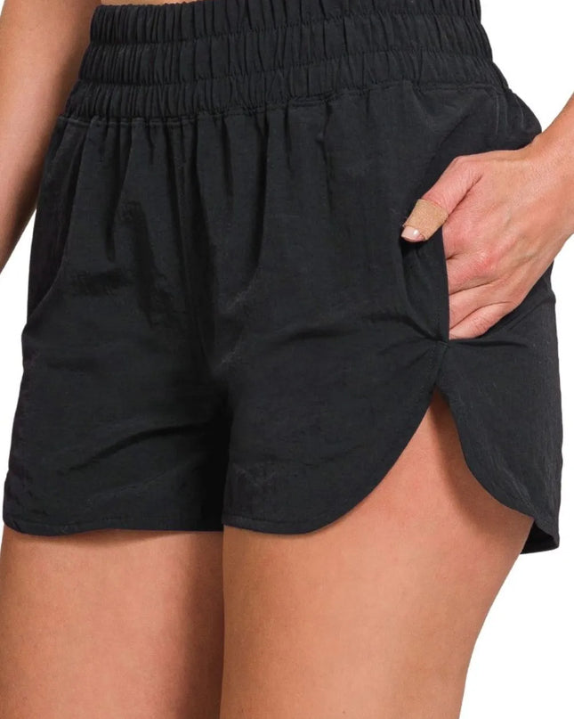 Zenana Windbreaker Smocked Waistband Running Shorts BLACK