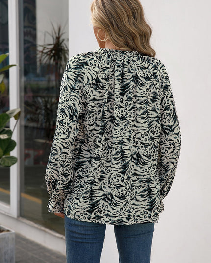 Ivy Lane Printed Tie Neck Frill Trim Flounce Sleeve Blouse