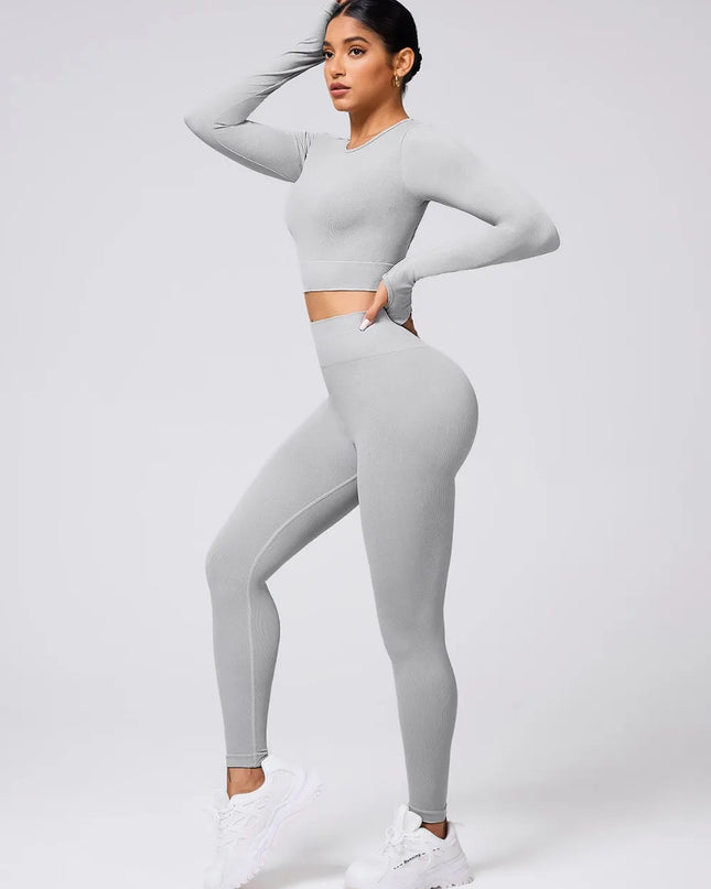 Back Crisscross Round Neck Long Sleeve Top and Leggings Active Set 