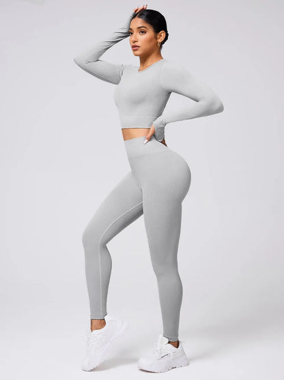 Back Crisscross Round Neck Long Sleeve Top and Leggings Active Set 
