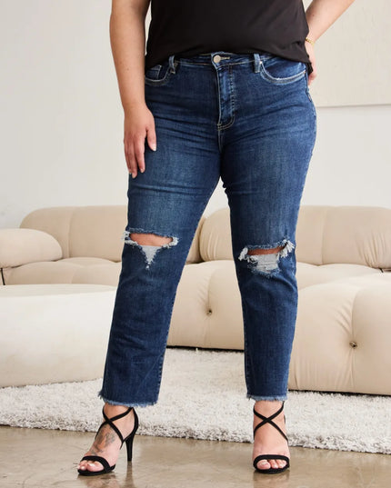 RFM Crop Dylan Full Size Tummy Control Distressed High Waist Raw Hem Jeans