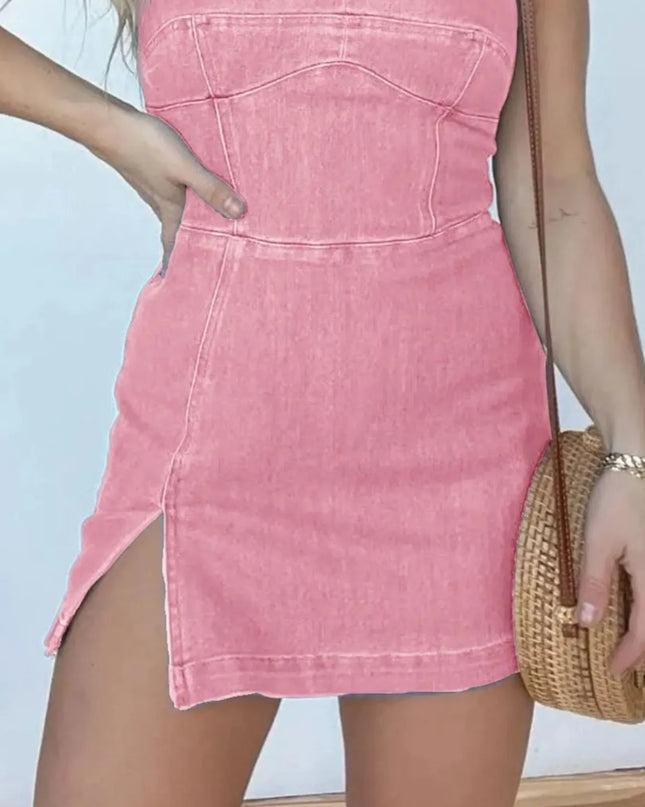 Full Size Slit Square Neck Denim Dress Plus Size