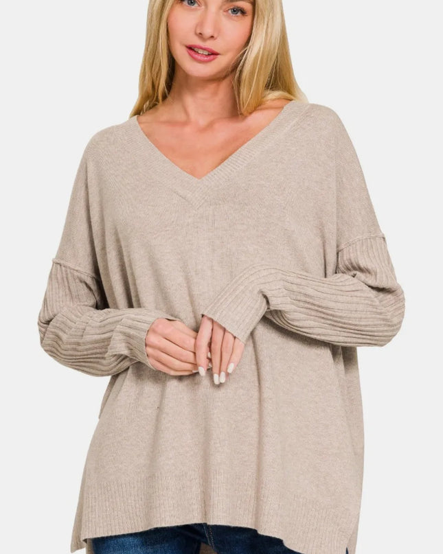 Zenana V-Neck Side Slit High-Low Sweater H Mocha