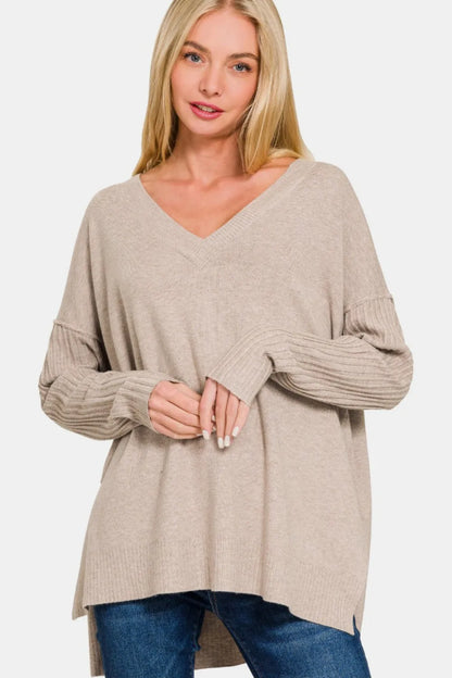 Zenana V-Neck Side Slit High-Low Sweater H Mocha