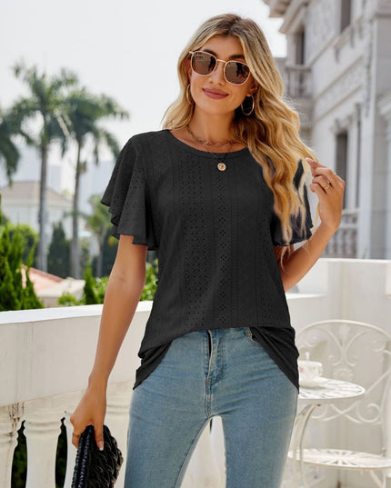 Eyelet Flutter Sleeve Round Neck Top
