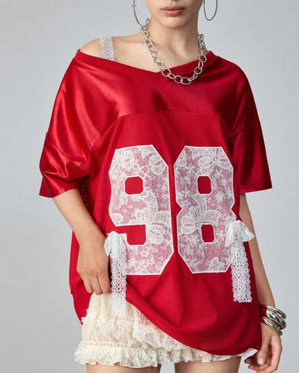 Oversized Number 98 Half Sleeve T-Shirt Deep Red