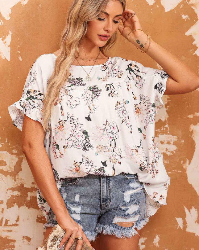 Floral Boat Neck Flounce Sleeve Blouse