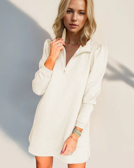 Double Take Textured Quarter Zip Long Sleeve Dress Cream